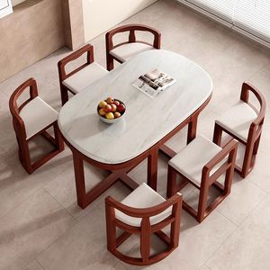 Modern Luxury 6 Seater <b>Dining</b> <b>Table</b> Set Oval White Marble <b>Top</b> with Solid Wood Space Saving Chairs - Product Image 1