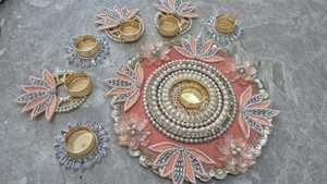 Rangoli de mesa para decoración de Diwali |   Alfombra Decorativa Diya para Decoración del Hogar |   Centro de Mesa Festivo Tradicional para Uso en Puja - Product Image 4
