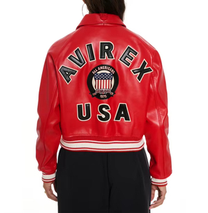 Avirex <b>Red</b> Cow Skin <b>Leather</b> Waterproof Bomber <b>Jacket</b> <b>Men</b> Casual Zipper Front Patch Design Regular Length Crew Neck Winter Style - Product Image 4