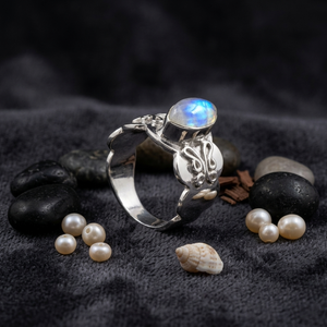 Rainbow Moonstone 16mm <b>Statement</b> <b>Ring</b> Natural Marquise Cut Gemstone Silver Plated Matte Finish Boho Flash Wedding <b>Ring</b> Brass - Product Image 1