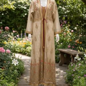 Kaftan Royal Gold Sheer : Broderie florale complexe et accents cramoisies. L'élément phare ultime pour les occasions sophistiquées - Product Image 1