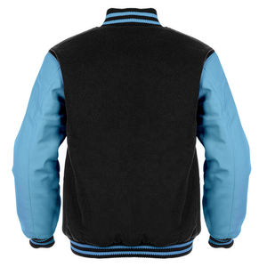 Unisex Premium Wool College Bomber <b>Jacket</b> Wholesale Varsity Letterman Hooded Front Stand Black Wool Body Sky Blue - Product Image 2