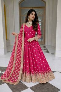 Traje Anarkali Rosa Bordado, Vestido Largo Hasta el Suelo con Mangas Largas y Dupatta, Atuendo Tradicional Indio Pakistaní para Bodas, para Mujer - Product Image 2