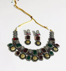 Green and Red Monalisa Stone Sun Face Gold Plated Necklace Earrings Set Women's Fashion Party Jewelry - Product Image 5