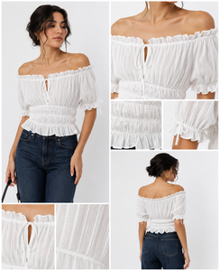 OEM Custom Breathable Ladies Solid White Cotton Smocked <b>off</b> <b>Shoulder</b> Half Sleeve <b>Ruffle</b> Hem Blouse Casual Summer <b>Tops</b> - Product Image 2