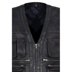 Gilet en cuir noir au design unique pour hommes, en véritable peau de mouton, style vintage Chris Pratt Jurassic World, avec plusieurs poches - Product Image 3