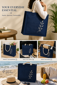 Sac fourre-tout en jute laminé bleu marine 45x18x40 cm avec broderie de feuilles, poignées rembourrées en coton, capacité 32L, poche zippée - Product Image 4