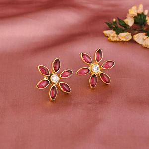 Natural Pink Tourmaline & Cubic Zirconia Gemstone Floral <b>Stud</b> Earrings | Gold Plated 925 <b>Sterling</b> <b>Silver</b> - Product Image 2