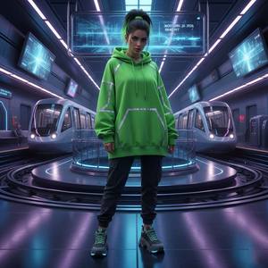 Sweat-shirt à capuche surdimensionné pour femme en tricot vert néon, style streetwear premium, esthétique cyber-tech, idéal pour l'hiver - Product Image 5