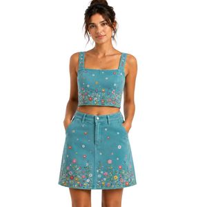 Customized Turquoise Women Embroidered Crop Top and Skirt <b>Set</b> Floral Summer Two Piece Outfit Custom Logo OEM Wholesale Apparel - Product Image 1