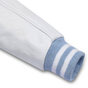 WholesMen's Light Blue Varsity <b>Jacket</b> with <b>White</b> PU Sleeves Stand Collar Zipper Closure Casual <b>Waterproof</b> Front Logo Autumn Wear - Product Image 3