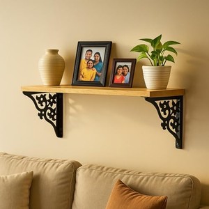 Pine Wood Industrial Wall <b>Shelf</b> <b>Black</b> Metal <b>Brackets</b> 48cm Wholesale Moradabad - Product Image 2