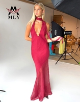 Robe de plage maxi à col halterneck et décolleté plongeant en pois rouges pour femmes, vêtements de plage d'été