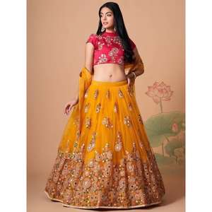 Impresionante ropa de recepción de red de trabajo de espejo amarillo Lehenga Choli - Product Image 2