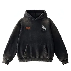 Hoodie ample en polaire personnalisé, délavé à l'acide, effet soleil, vintage et vieilli, avec broderie faucon - Product Image 1