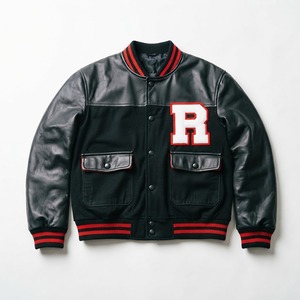Veste universitaire en cuir PU noir pour homme avec broderie rouge et blanche, col rabattu, coupe classique, vêtement d'automne pour homme - Product Image 1
