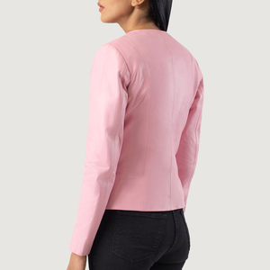 2026 Wholesale New Pink PU Leather Moto <b>Jacket</b> Women Full Sleeve O-Neck Zipper Closure Solid Color Autumn Wear Regular Length - Product Image 2