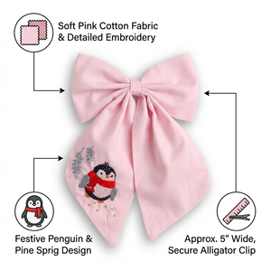 Barrette à cheveux en tissu rose pour filles, broderie pingouin, accessoire pour cheveux d'enfants, jolie barrette à nœud en ruban pour fête, style tendance - Product Image 6