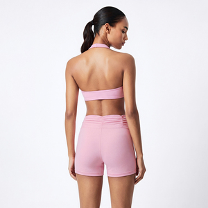 Pink Halter Neck Quarter-Zip Yoga Set High Waist Shorts Crop <b>Top</b> Spandex <b>Zipper</b> Closure Quick Dry Seamless 2-Piece - Product Image 2
