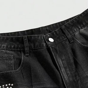 Short en jean pour homme personnalisé, style streetwear hip-hop, avec strass, coupe baggy, effet vieilli, délavé à l'acide, fabrication OEM - Product Image 2