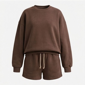Conjunto de 2 Piezas para Mujer, Sudadera y Pantalones Cortos Marrones, Cuello Redondo, Manga Larga, Corte Holgado, Estilo Casual, Tejido de Algodón, por Encima de la Rodilla - Product Image 1