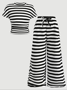 Ensemble haut à manches courtes en tricot jacquard rayé élégant et décontracté pour filles et pantalon assorti, ensemble rayé noir et blanc - Product Image 2