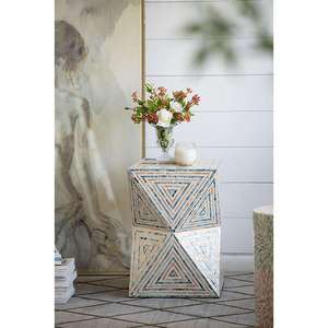 Geometric Triangle Hourglass Accent <b>Stools</b> Mother of Pearl Handcrafted Mosaic Small Side Table For Living Room <b>Bedroom</b> Decor - Product Image 2