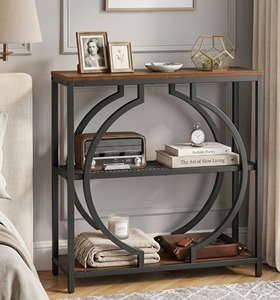 Industrial 3 Tier Round Geometric Metal Console Table <b>Rustic</b> <b>Wood</b> Entryway Sofa Side Table Hallway Display <b>Shelf</b> Decor - Product Image 1