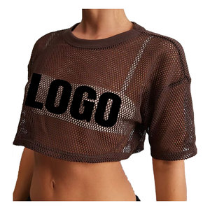 Camisetas cortas de manga corta para mujer, camisetas de malla, camisetas de algodón ajustadas a la moda, camisetas cortas ajustadas con cuello redondo - Product Image 2
