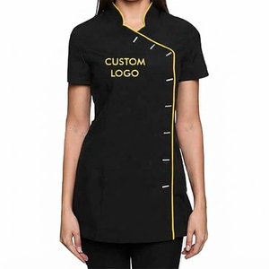 Tunique de spa pour esthéticiennes, vente en gros, robe de beauté noire avec passepoil doré, manches courtes, uniforme de massage, spa, hôtel, logo personnalisé - Product Image 1