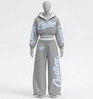 Survêtements en tissu 100% coton imprimés avec des motifs personnalisés, nouveau look vintage, sweat à capuche zippé court avec pantalon évasé, ensemble deux pièces