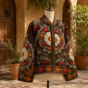 <b>Women</b> Brown Suzani <b>Velvet</b> <b>Jacket</b> Handmade Floral Embroidered Boho Ethnic Winter Coat Vintage Artisan Premium Designer Outerwear - Product Image 6