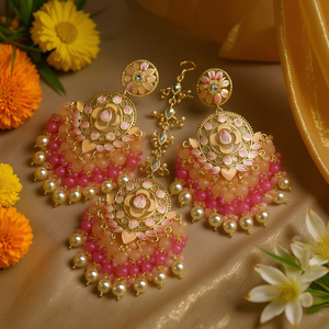 Gold Plated Kundan Stone and <b>Beads</b> Meenakari Dangler Earrings with Maangtikka Fine Jewelry <b>Sets</b> - Product Image 3