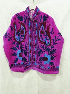 <b>Pink</b> Velvet Suzani <b>Jacket</b> <b>Women</b> Stand Collar Floral Embroidered Boxy Coat 100% Cotton Breathable & Windproof All Seasons - Product Image 4