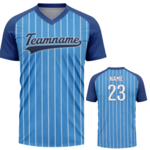 Camiseta de Béisbol Personalizable con Rayas Azules y Cuello en V, Nombre del Equipo y Número del Jugador Personalizados, para Ropa Deportiva y Uniformes Masculinos - Product Image 1