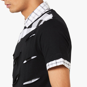 Men's Black Short Sleeve <b>Patchwork</b> T-<b>Shirt</b> 100% Cotton Eco-Friendly Breathable Loose Fit - Product Image 5