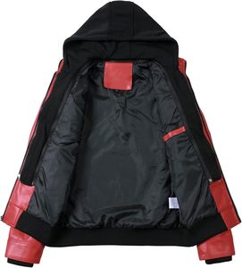 Men Red PU Leather Hooded Moto <b>Biker</b> <b>Jacket</b> Zipper Front Solid Color Winter Style Regular Sleeve Slim Fit Polyester Wadding - Product Image 2
