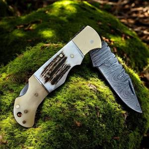 มีดพับเหล็กดามัสกัสทำมือแบบสั่งทำพิเศษ ด้ามเขาสัตว์ สไตล์คาวบอย - Product Image 3