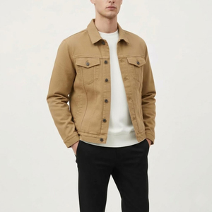 Custom <b>Men's</b> Beige <b>Denim</b> Trucker <b>Jacket</b> Cotton Twill Casual Button Front Winter Windproof Eco-Friendly OEM/ODM Service - Product Image 1