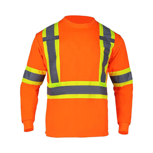 <b>Men</b> High Visibility Reflective Long Sleeve Safety Work <b>Shirt</b> <b>Orange</b> Polyester Woven Breathable Pocket Design - Product Image 1
