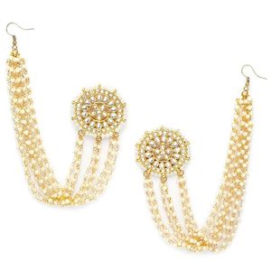Gold Plated Bohemian Chandelier Earrings With Imitation Pearl Beads Flower Design For Women Wedding Festive Wear - Product Image 3