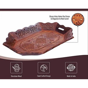 Plateau octogonal traditionnel sculpté en bois de Sheesham |   Plateau de service en bois artisanal en gros - Product Image 3