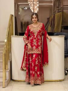 Ensemble 3 pièces palazzo en faux georgette épaisse pour femme, avec broderie de sequins, manches fantaisie, bordure Latkan, dupatta en dentelle prête à l'emploi, séchage rapide - Product Image 1