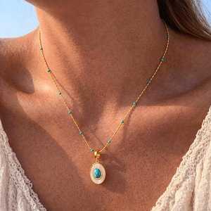 สร้อยคอจี้เทอร์ควอยซ์แบบซ้อนประดับมุก ชุบทอง 14K เงินแท้ 925 เครื่องประดับสไตล์โบโฮ - Product Image 5