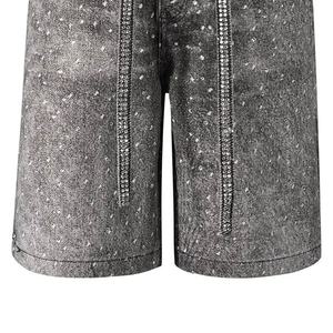 High Quality Unisex Acidwash Allover Rhinestones Denim Shorts Custom Made Bling <b>Jean</b> Shorts For <b>Men</b> Summer Denim jorts - Product Image 4
