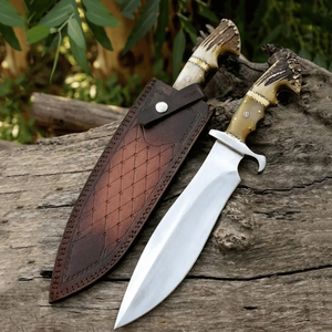 Cuchillo Bowie de Caza Hecho a Mano con Hoja de Acero Pulido y Mango de Asta de Ciervo – Cuchillo de Hoja Fija Personalizado con Funda de Cuero al por Mayor - Product Image 1