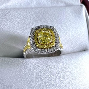 Fancy Yellow <b>Cushion</b> Lab Grown Diamond Prong Set <b>Ring</b> in 14K White Gold Fine Diamond <b>Ring</b> withy IGI Certified & VVS Clarity - Product Image 1