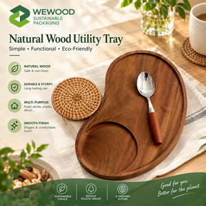 Plateau de service en bois d'acacia de qualité supérieure avec insert en rotin tressé, plateau de présentation pour café, thé et en-cas - Product Image 5