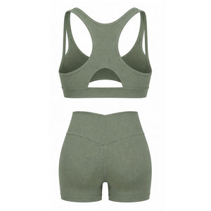 Ensemble de sport côtelé sans couture style frais pour femme – Tissu extensible côtelé léger et élégant – Ensemble deux pièces de sport - Product Image 5