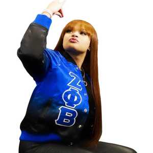 Chaqueta Bomber Negra Desgastada de Satén Zeta Phi Beta con Bordado de Chenille, Prenda de la Hermandad Griega, Unisex Premium - Product Image 5